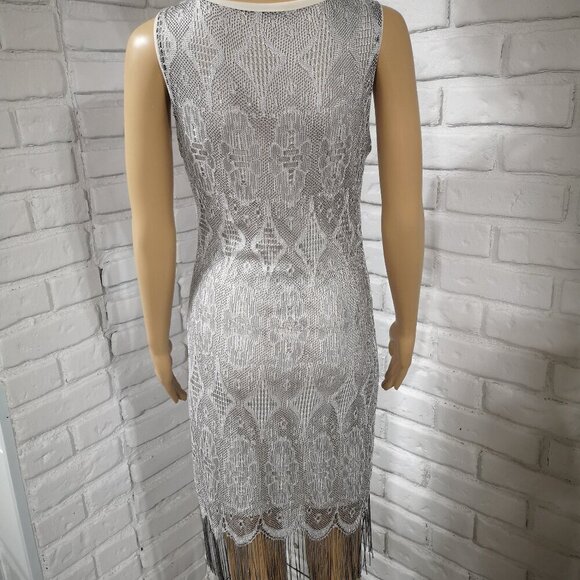 Venus Ladies Grey Lace Pattern with Cream Lining Sleeveless Flapper Dress - Picture 2 of 8